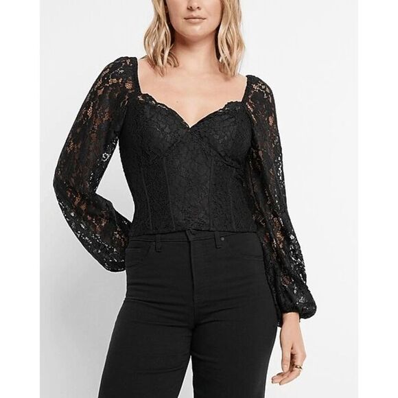 Express Black Sheer Lace Balloon Sleeve Cropped Sweetheart Top Small NWT - Picture 9 of 11